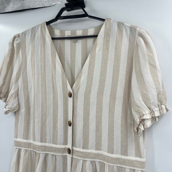 Loft Stripe Shirt Dress Sz 18  Linen Cottagecore Coastal Puff Sleeve Midi Beachy - Picture 2 of 11